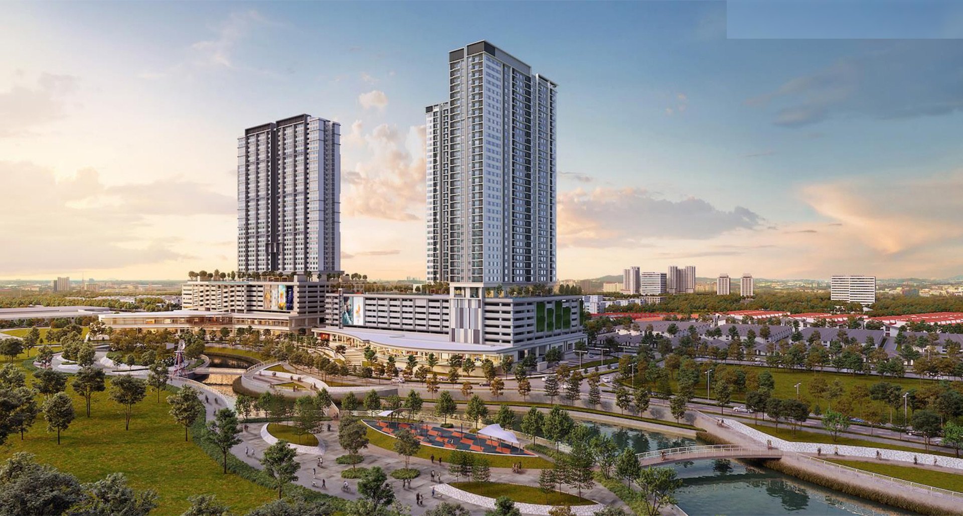 SouthPlace 2 Residences at Tropicana Metropark, Subang Jaya — twin towers at dusk
